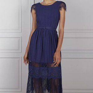 Senlis Women's Ana Lace Tiered Cap Sleeve Midi Dress in Navy